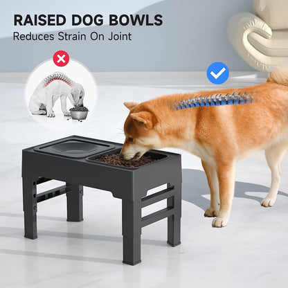 2-in-1 Elevated Slow Feeder Dog Bowls 4 Height Adjustable Raised Non-Slip Food and Water Bowls with Stand